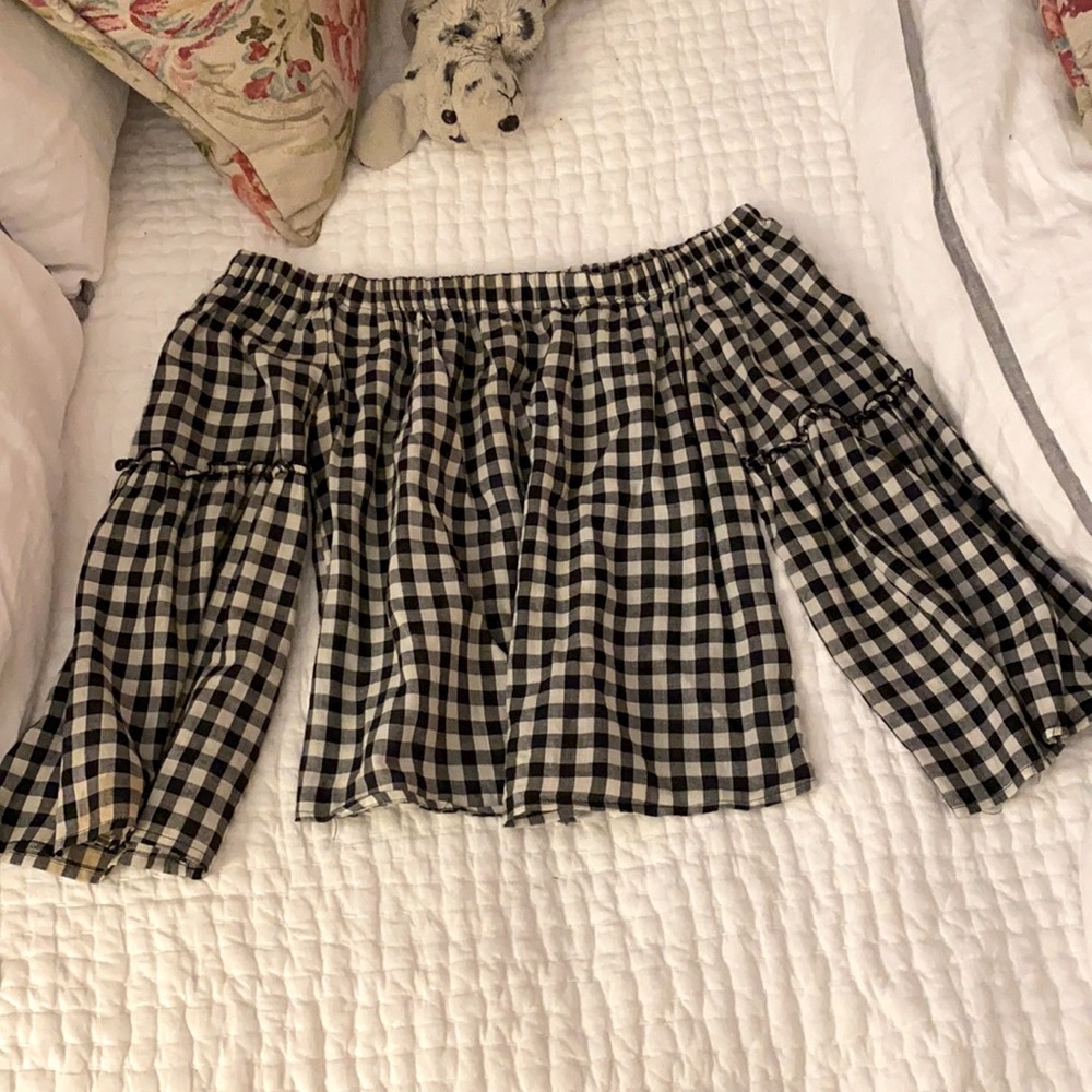 Small - Black and White Gingham Off the Shoulder Long Sleeve Top